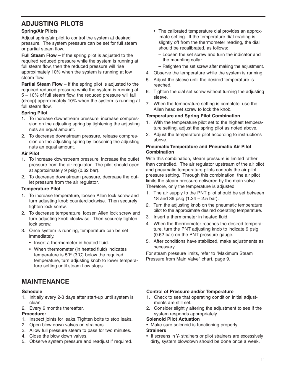 Adjusting pilots, Maintenance | Bell & Gossett HS 601G Pilot Operated Pressure and/or Temperature Steam Regulators Series 2000 User Manual | Page 11 / 24