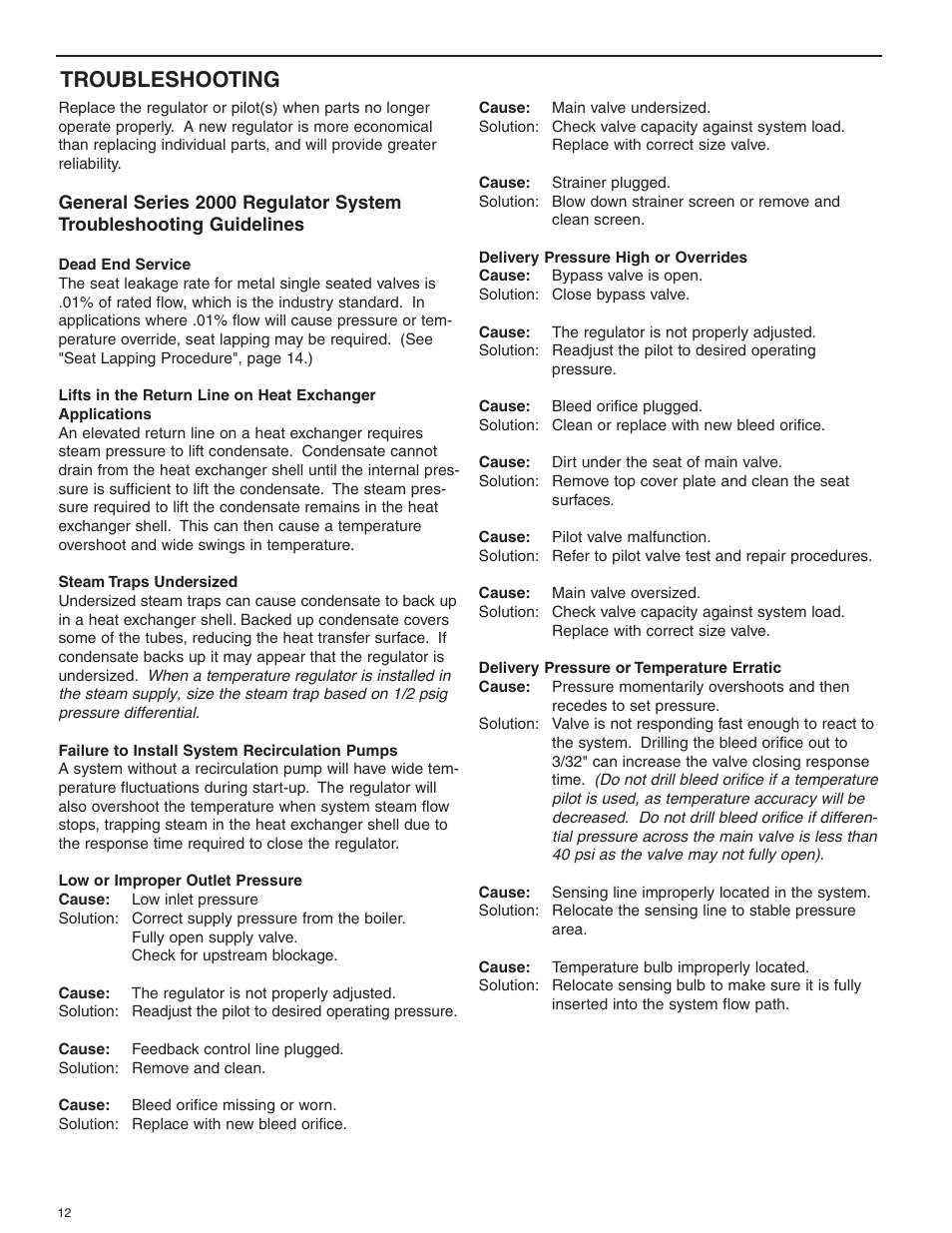Troubleshooting | Bell & Gossett HS 601G Pilot Operated Pressure and/or Temperature Steam Regulators Series 2000 User Manual | Page 12 / 24