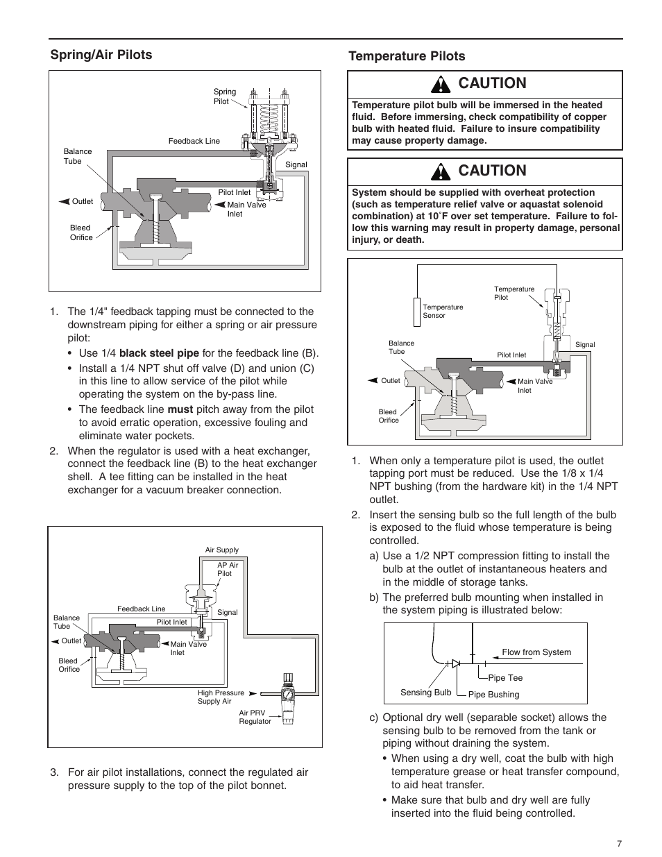 Caution, Spring/air pilots temperature pilots | Bell & Gossett HS 601G Pilot Operated Pressure and/or Temperature Steam Regulators Series 2000 User Manual | Page 7 / 24