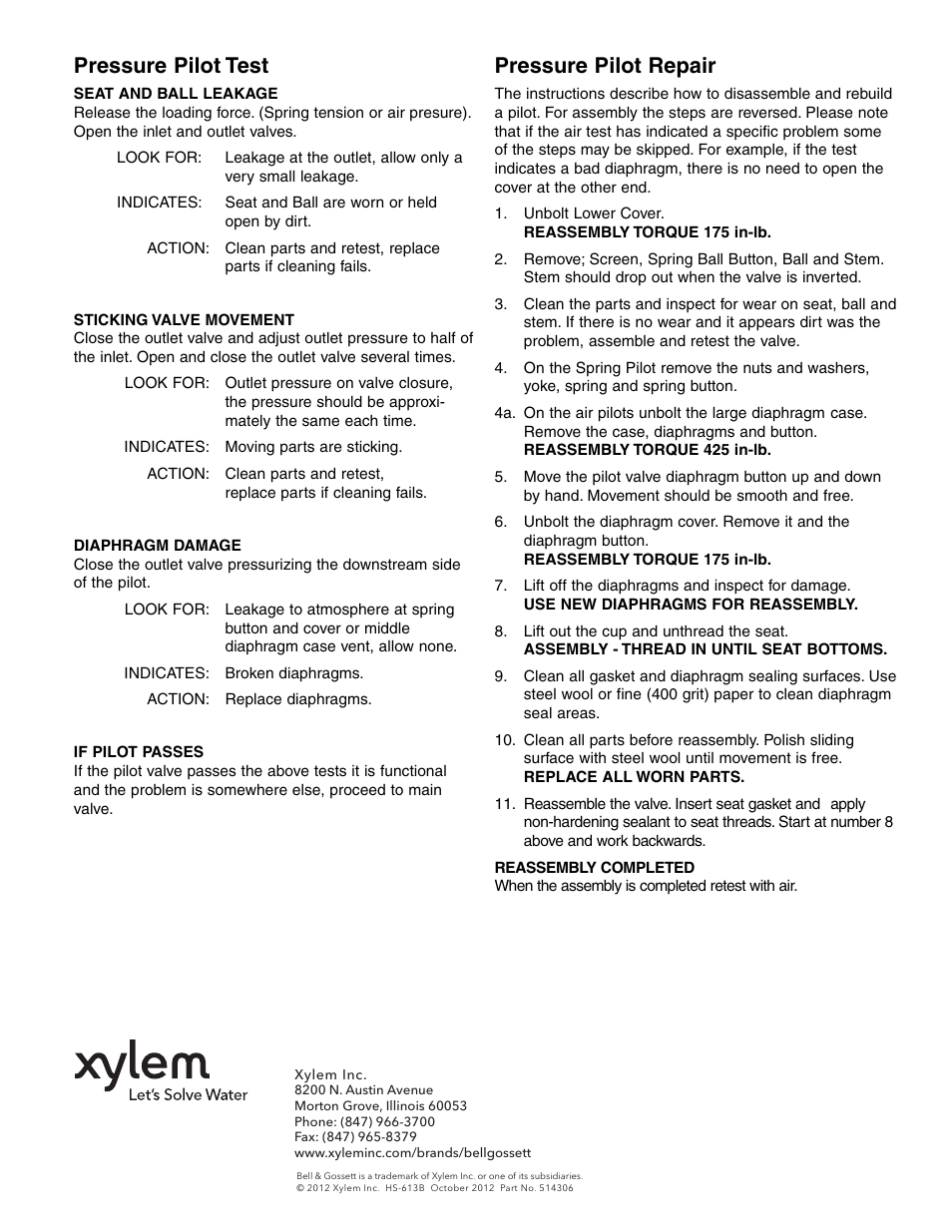 Pressure pilot test, Pressure pilot repair | Bell & Gossett HS 613B Series 2000 Air User Manual | Page 2 / 2