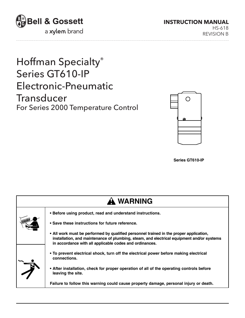 Bell & Gossett HS 618B Series GT610-IP Electronic-Pneumatic Transducer User Manual | 4 pages