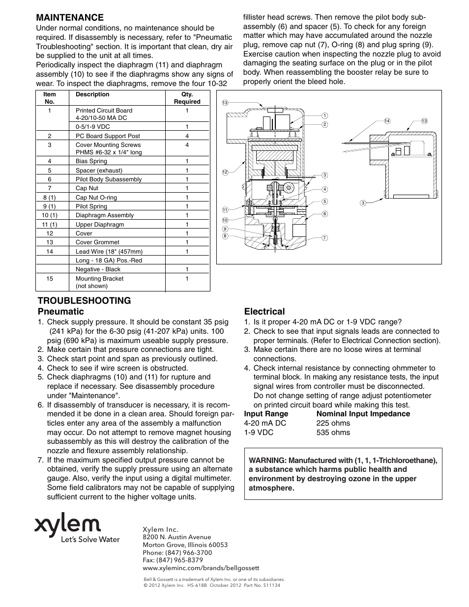 Troubleshooting pneumatic, Electrical, Maintenance | Bell & Gossett HS 618B Series GT610-IP Electronic-Pneumatic Transducer User Manual | Page 4 / 4