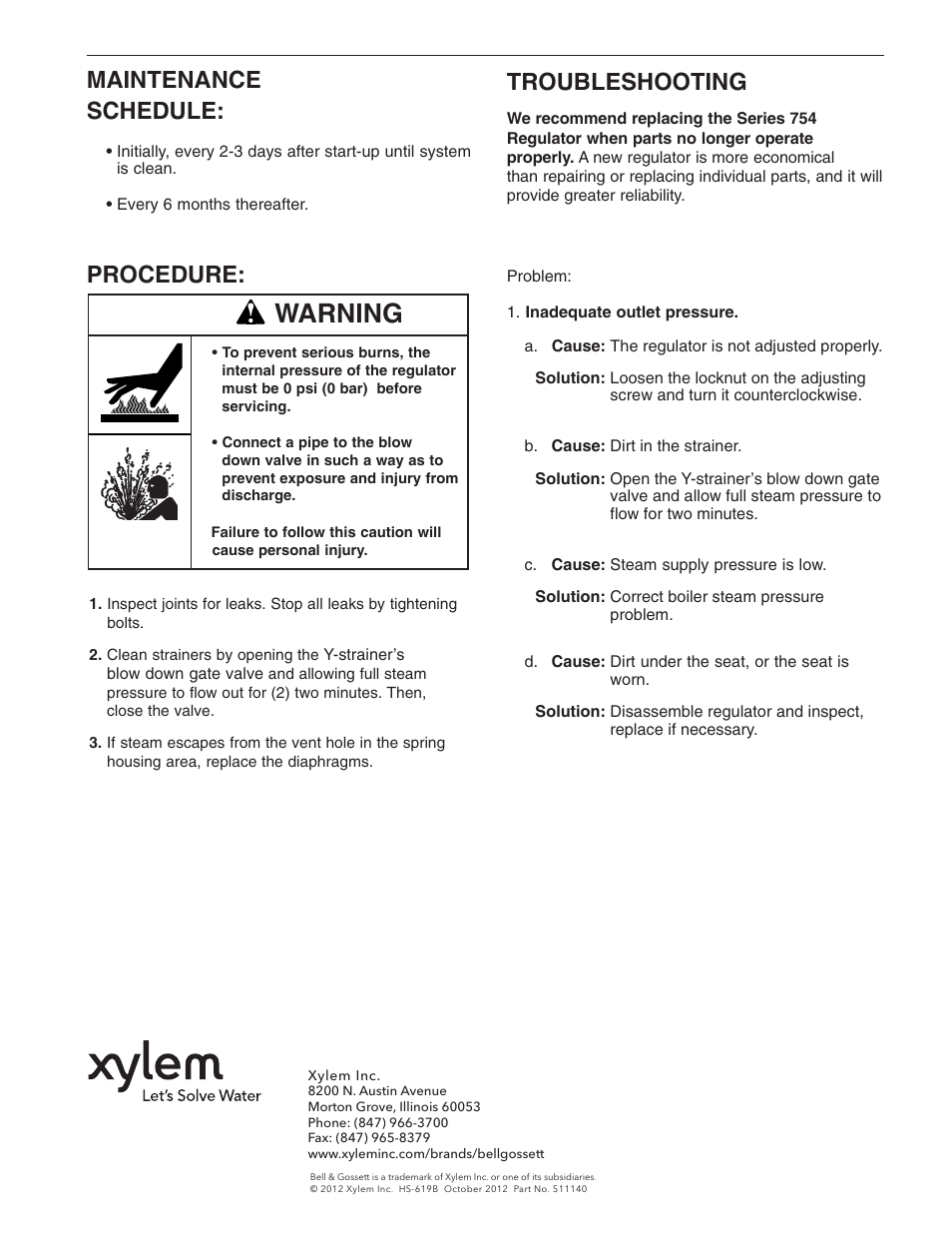 Warning, Troubleshooting, Maintenance schedule: procedure | Bell & Gossett HS 619B Series 754 Self-Contained Pressure Reducing Regulator User Manual | Page 4 / 4