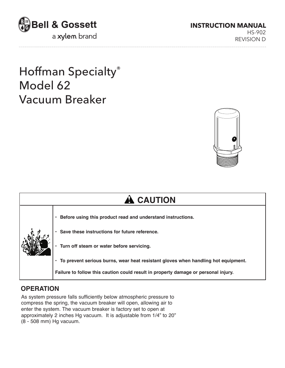 Bell & Gossett HS 902D Model 62 Vacuum Breaker User Manual | 4 pages