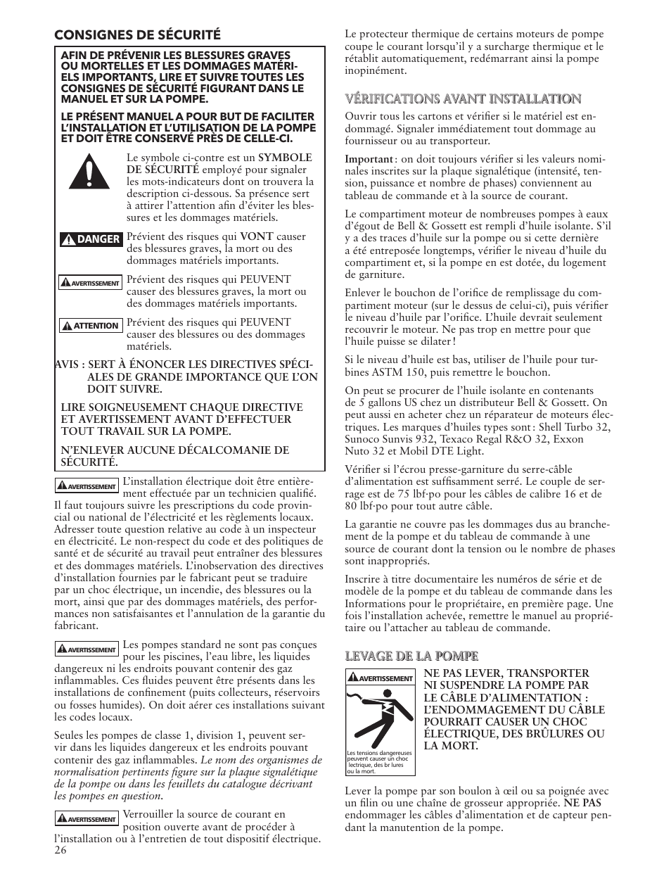 Consignes de sécurité | Bell & Gossett IM143 R02 Single Phase Sump, Effluent and Sewage User Manual | Page 26 / 36