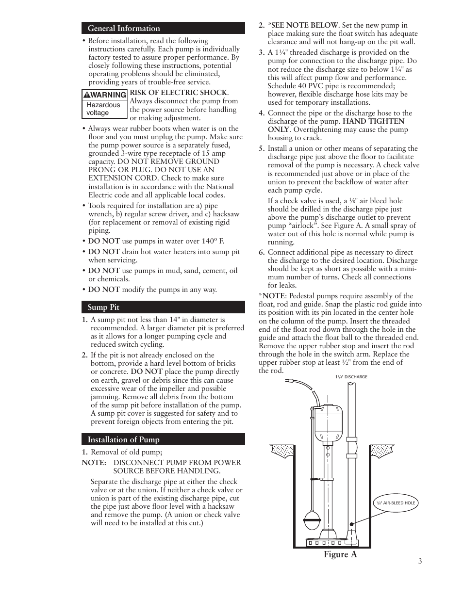 Figure a, General information, Sump pit | Installation of pump | Bell & Gossett IM177 R01 1CVP User Manual | Page 3 / 16