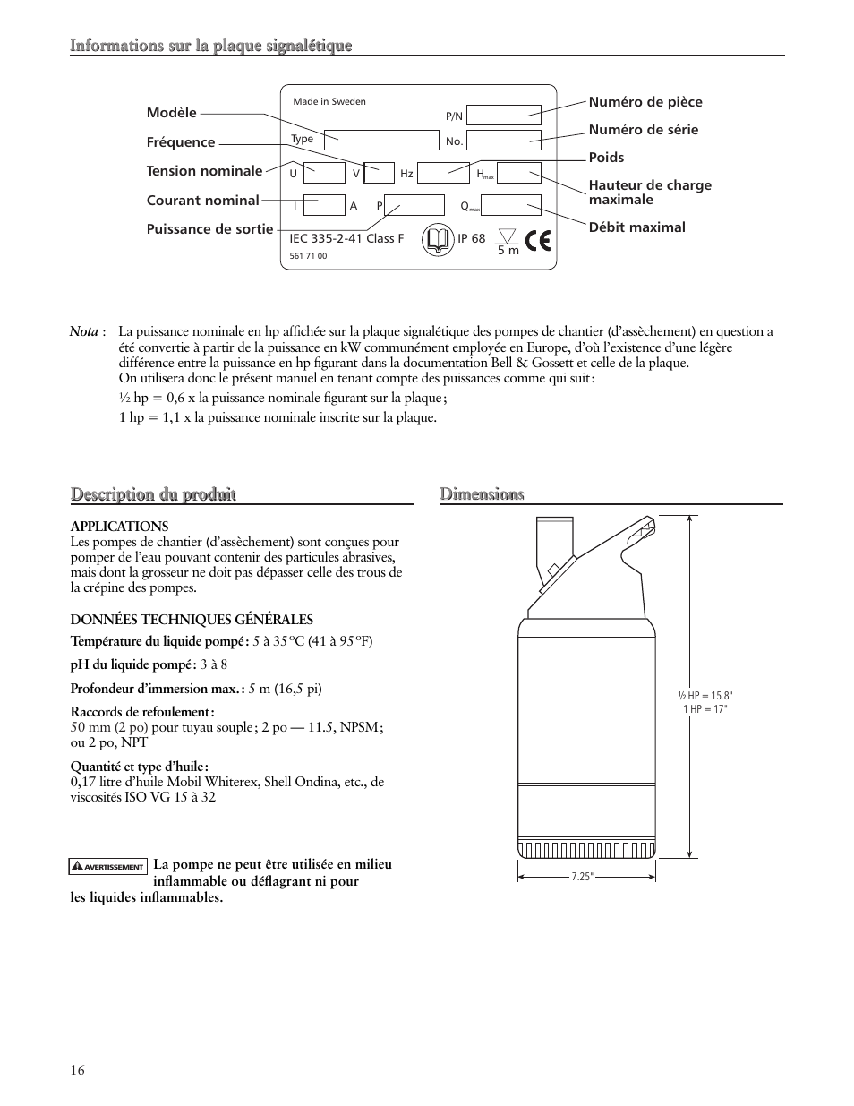 Informations sur la plaque signalétique, Dimensions, Description du produit | Bell & Gossett IM178 R02 Ditch Wizard Contractor Dewatering Pump User Manual | Page 16 / 20