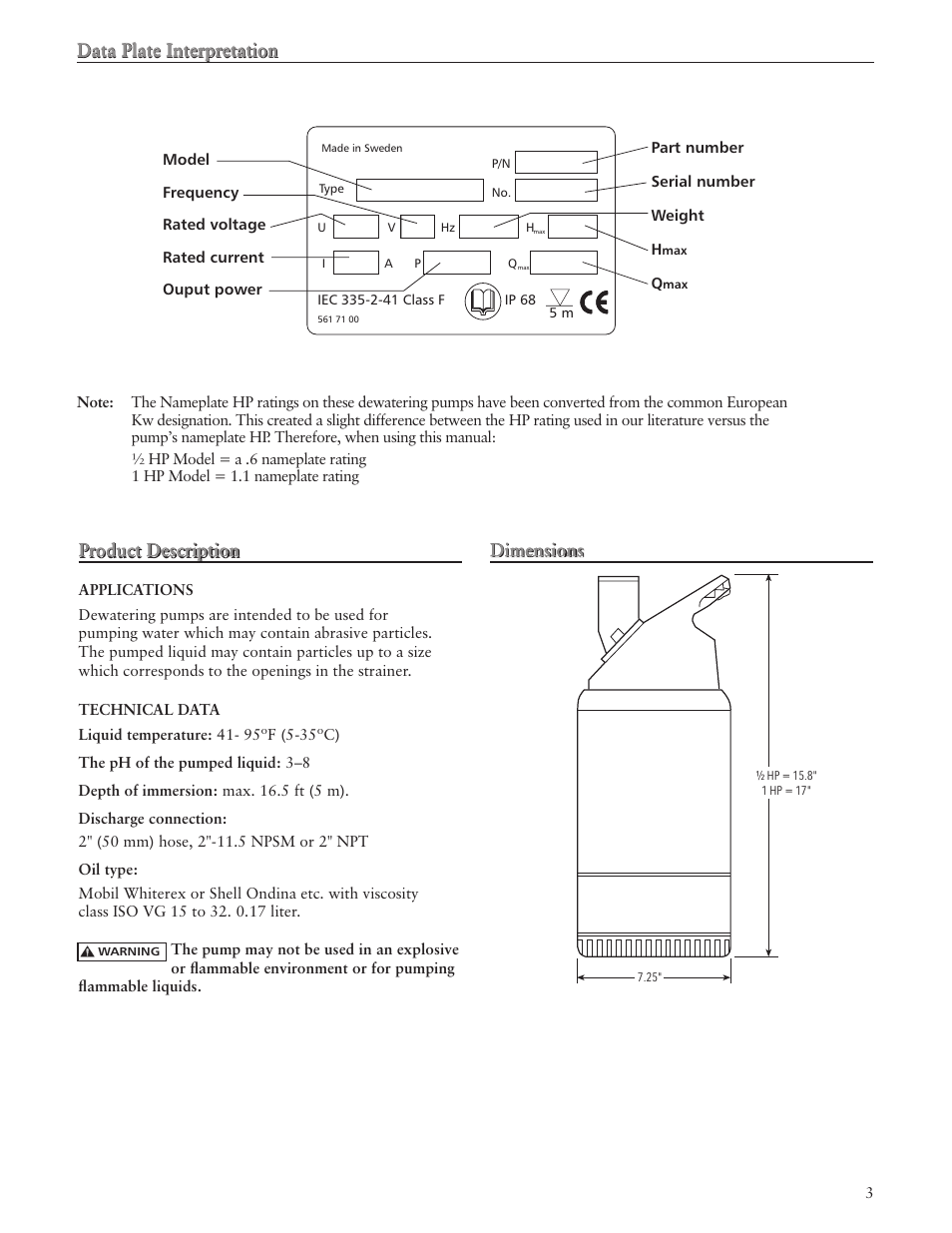 Data plate interpretation, Product description, Dimensions | Bell & Gossett IM178 R02 Ditch Wizard Contractor Dewatering Pump User Manual | Page 3 / 20