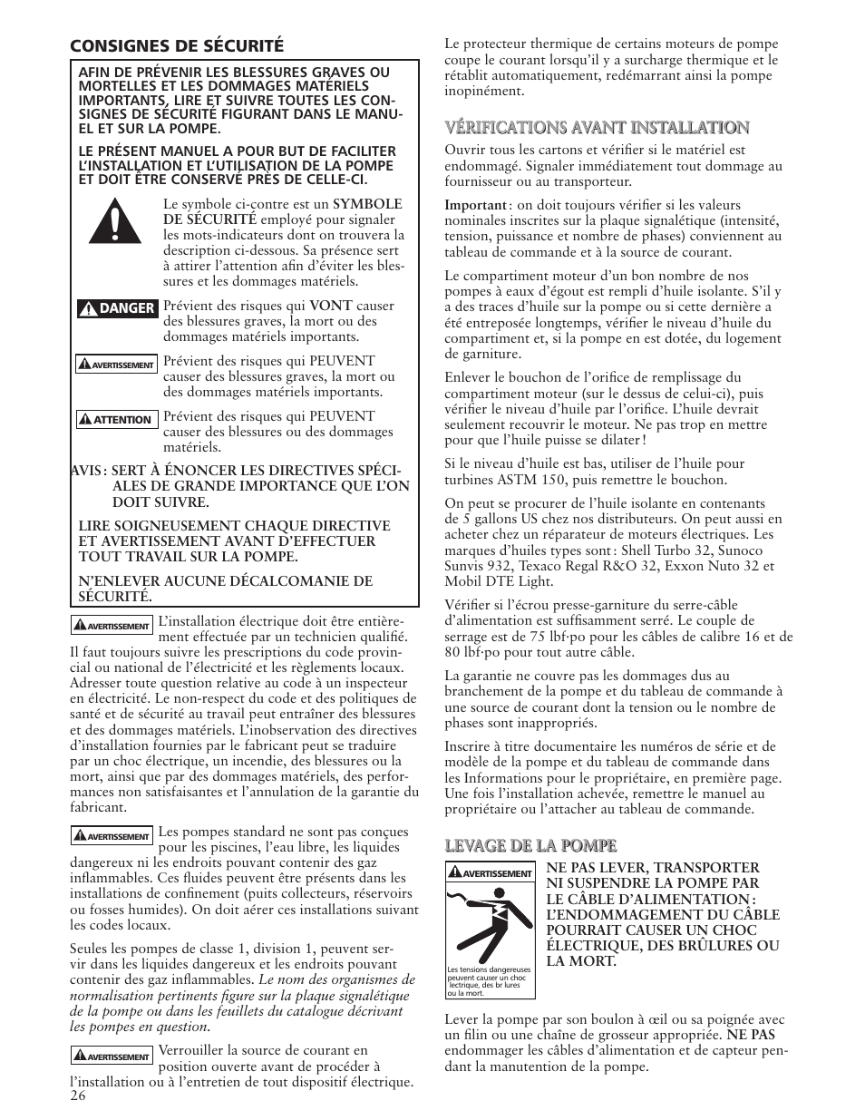 Consignes de sécurité | Bell & Gossett IM179 R02 Single Phase, Single Seal Grinder Pump User Manual | Page 26 / 36