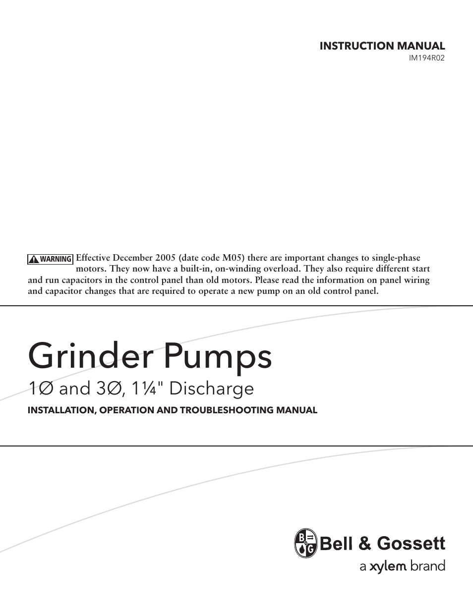 Xylem IM194 R02 GRINDER PUMPS 1 AND 3 11?4 DISCHARGE User Manual | 36 pages