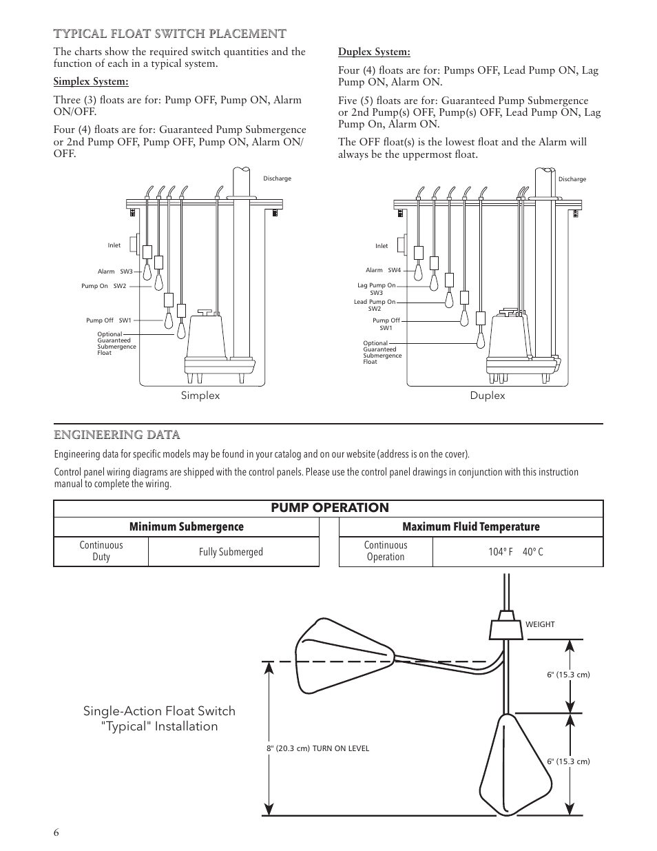 Pump operation, Single-action float switch "typical" installation, Typical float switch placement | Engineering data, Minimum submergence, Maximum fluid temperature | Xylem IM196 R01 Explosion Proof Wastewater Pumps Listed Class 1, Groups C and D Hazardous Locations User Manual | Page 6 / 32