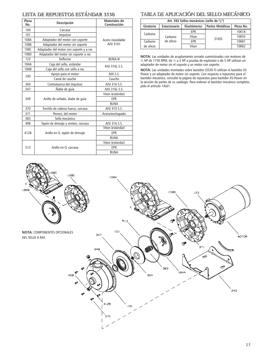 Lista de repuestos estándar 3530, Tabla de aplicación del sello mecánico | Bell & Gossett IM207R00 Series 3530-F User Manual | Page 15 / 24