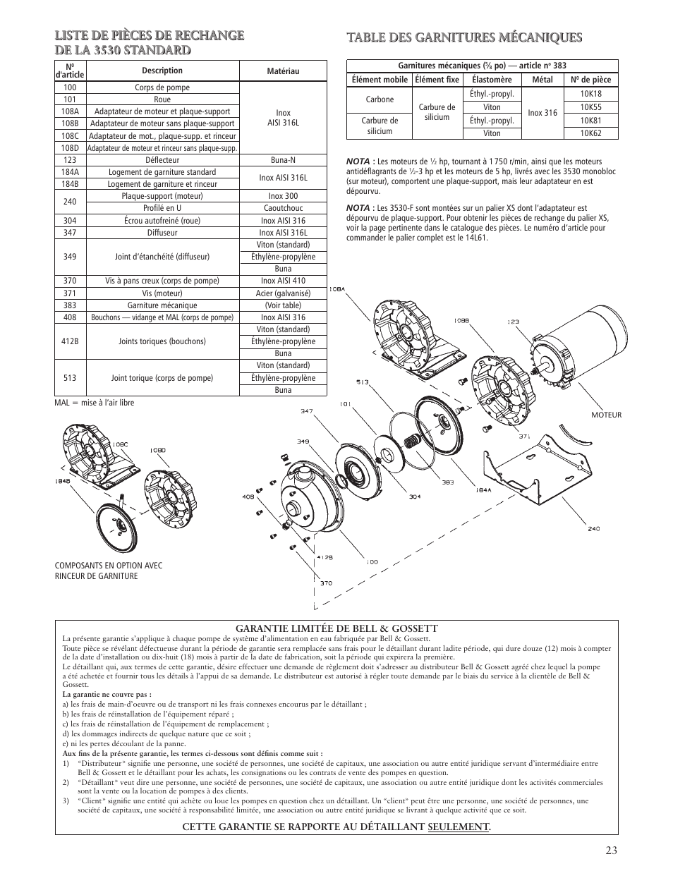 Liste de pièces de rechange de la 3530 standard, Table des garnitures mécaniques | Bell & Gossett IM207R00 Series 3530-F User Manual | Page 23 / 24