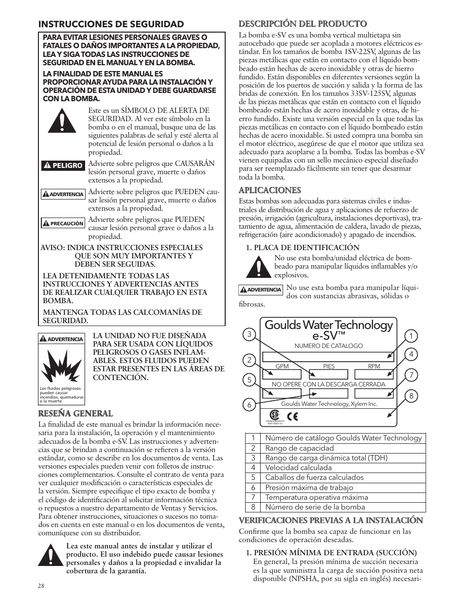 Goulds water technology e-sv, Instrucciones de seguridad | Xylem IM228 R03 Model e-SV (esv) User Manual | Page 28 / 64