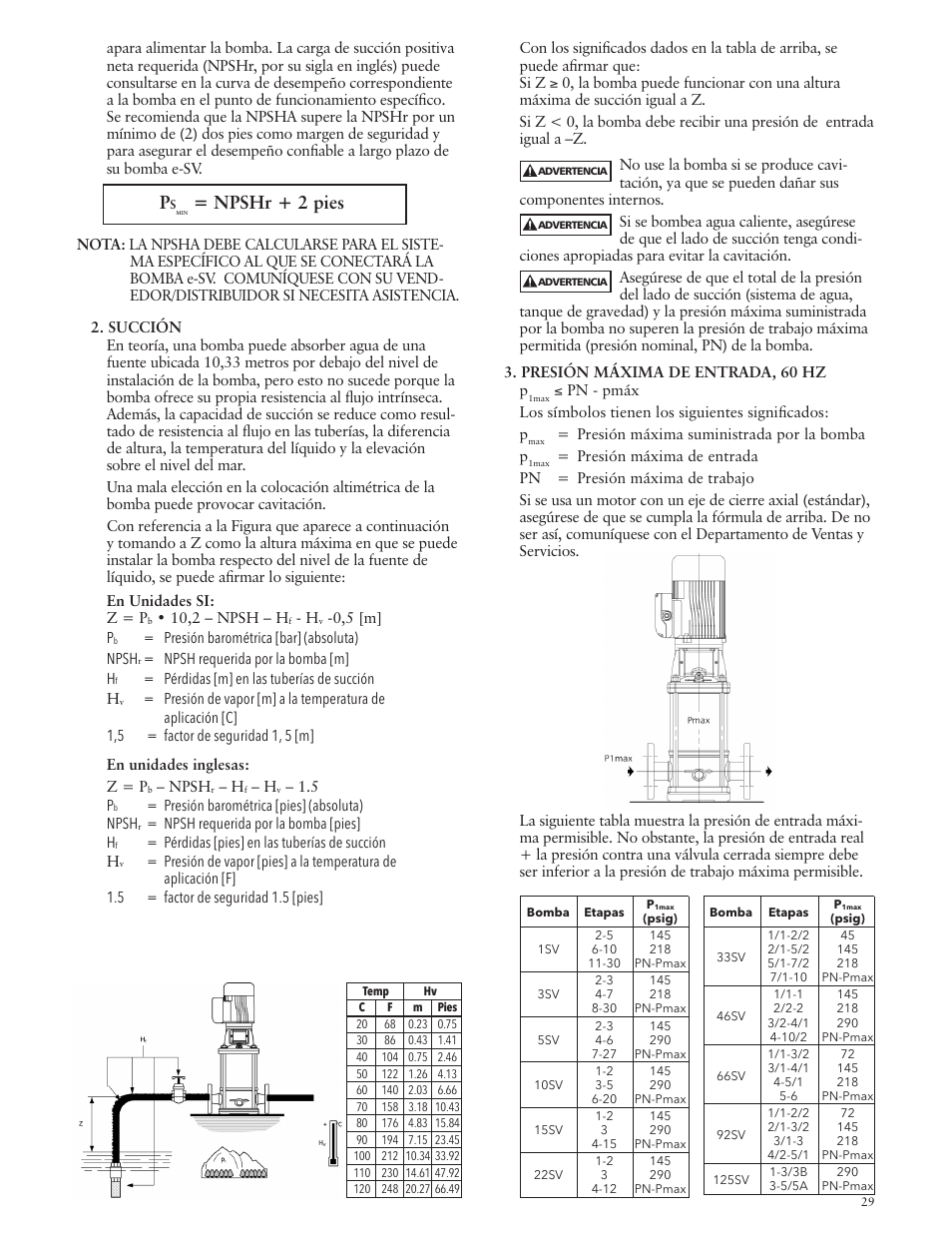 Npshr + 2 pies | Xylem IM228 R03 Model e-SV (esv) User Manual | Page 29 / 64