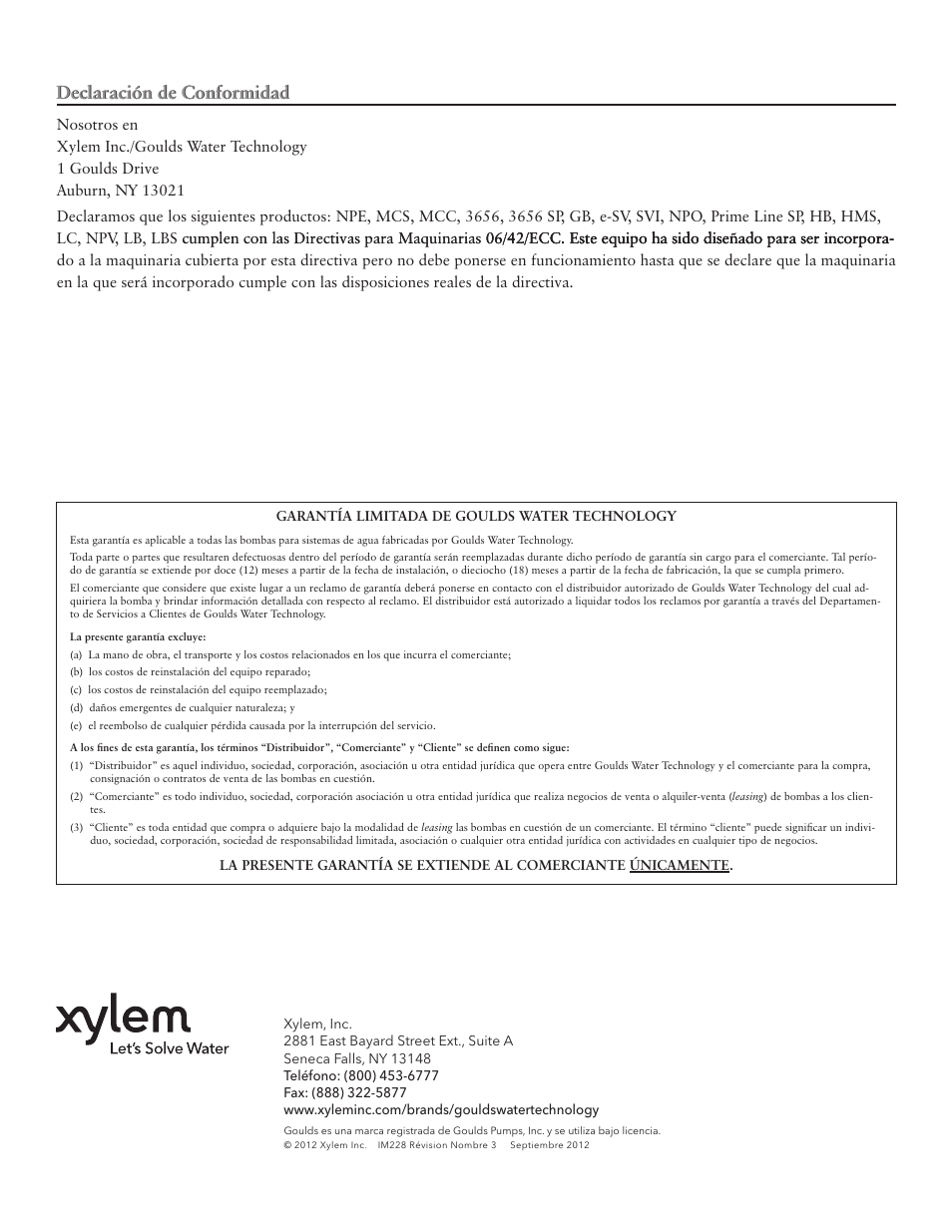 Declaración de conformidad | Xylem IM228 R03 Model e-SV (esv) User Manual | Page 43 / 64