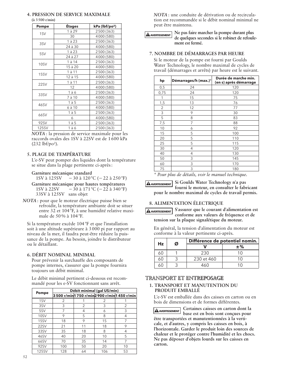 Transport et entreposage | Xylem IM228 R03 Model e-SV (esv) User Manual | Page 52 / 64