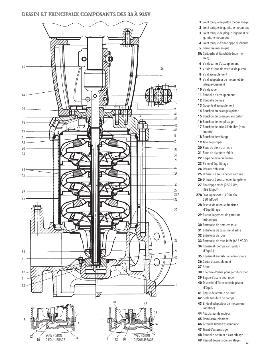 Dessin et principaux composants des 33 à 92sv | Xylem IM228 R03 Model e-SV (esv) User Manual | Page 61 / 64