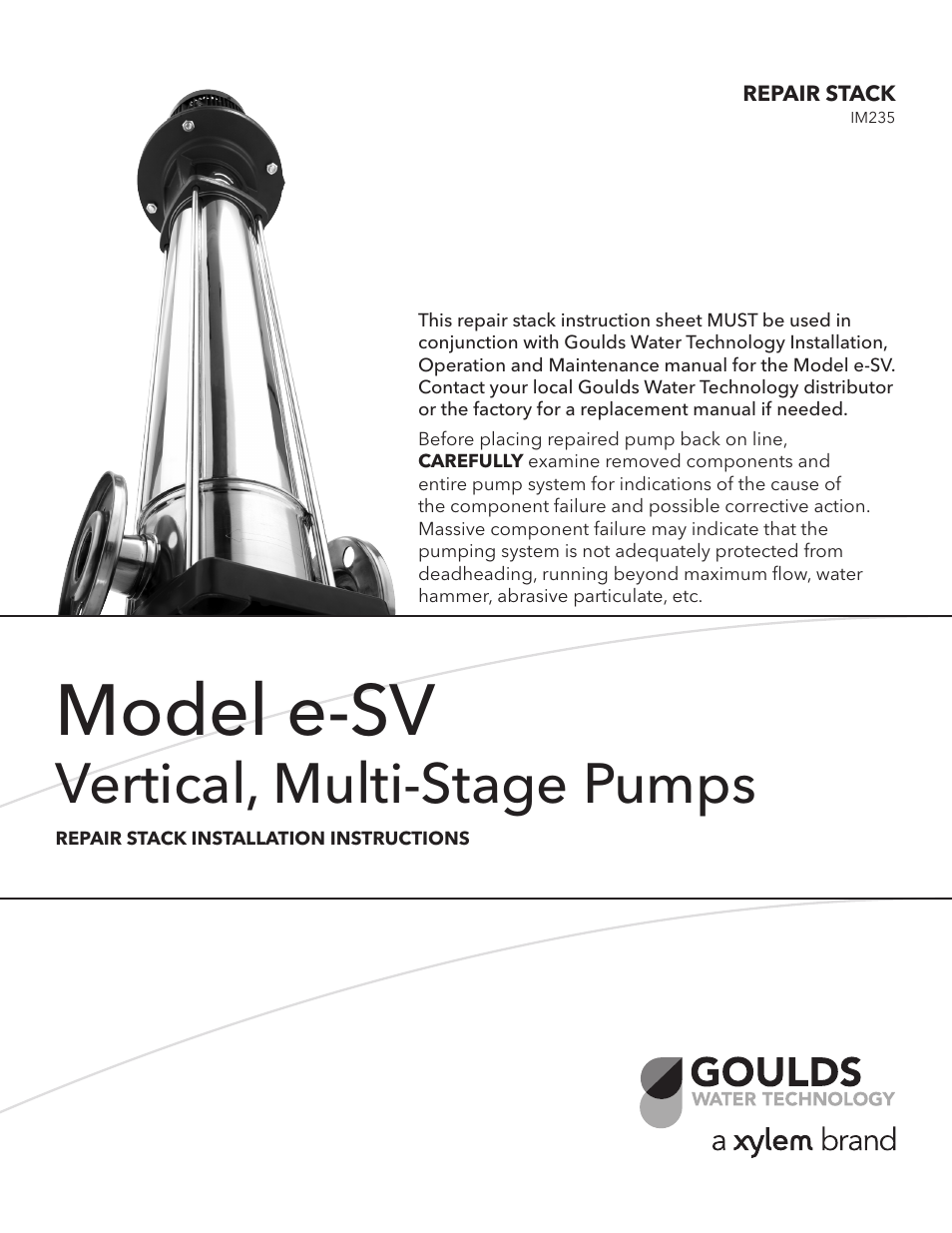 Xylem Goulds Water Technology Model e-SV, Vertical Multi-Stage Pumps Repair Stack User Manual | 4 pages