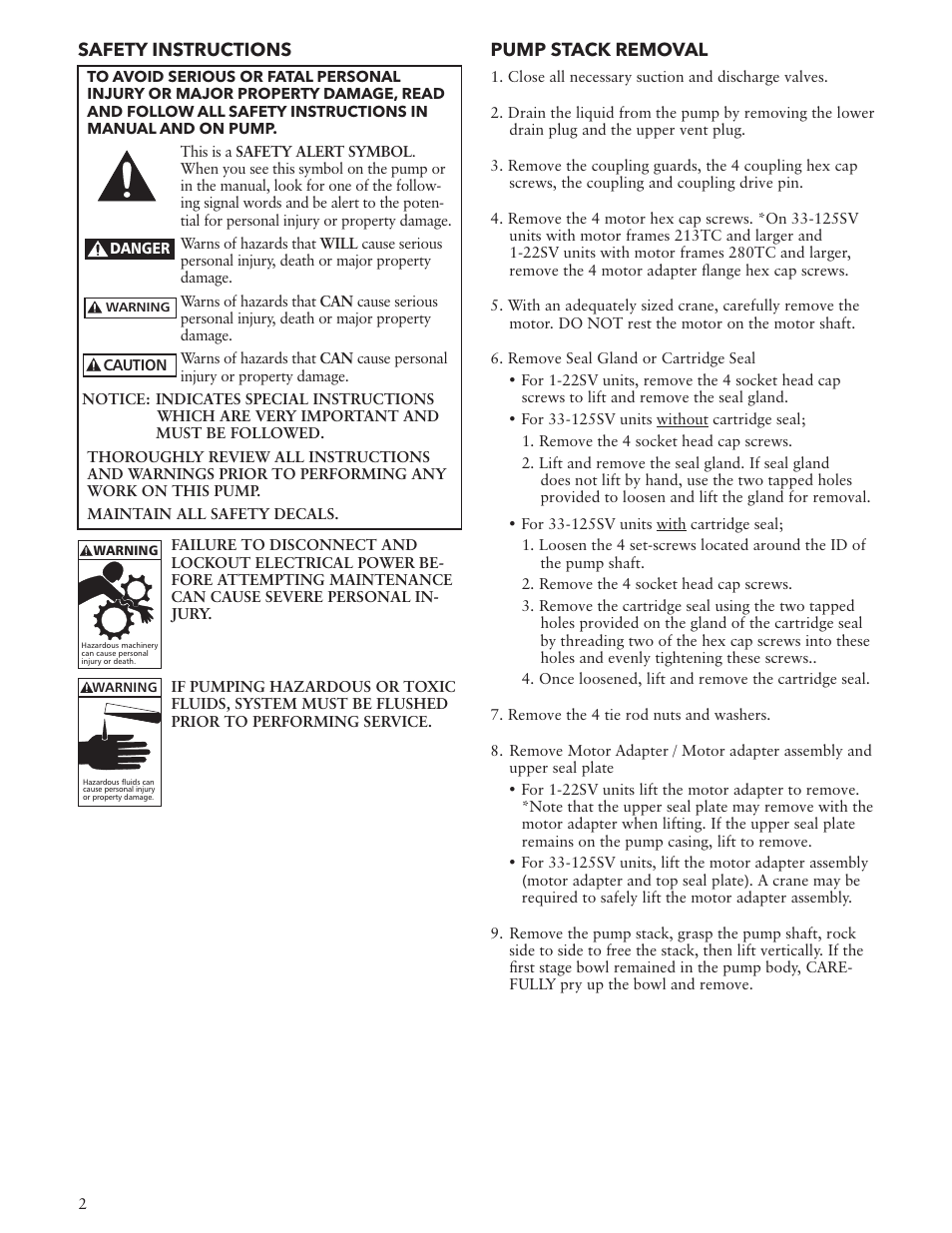 Safety instructions, Pump stack removal | Xylem Goulds Water Technology Model e-SV, Vertical Multi-Stage Pumps Repair Stack User Manual | Page 2 / 4