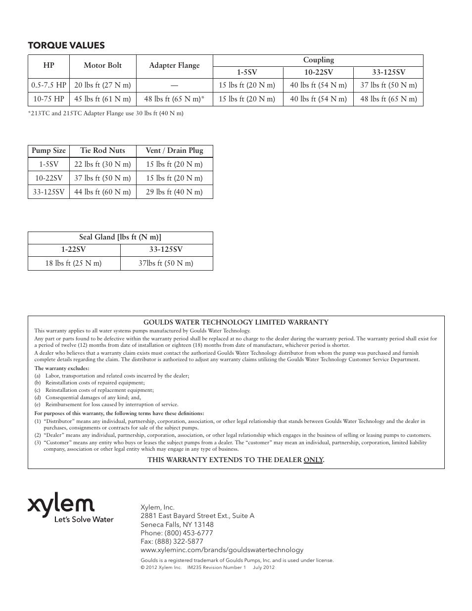 Torque values | Xylem Goulds Water Technology Model e-SV, Vertical Multi-Stage Pumps Repair Stack User Manual | Page 4 / 4