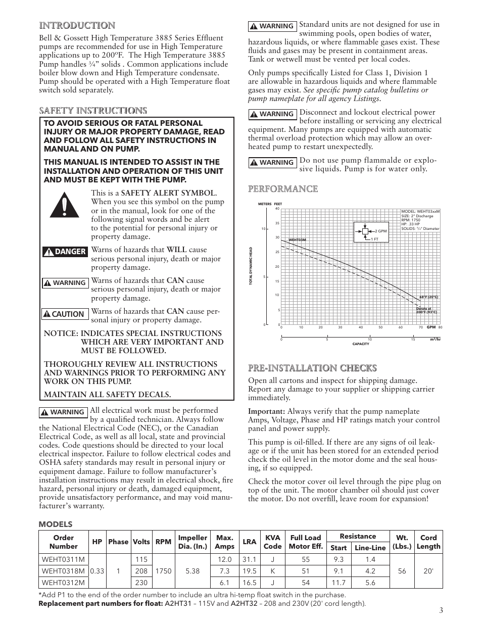Introduction, Safety instructions, Performance pre-installation checks | Bell & Gossett IM249 High Temp Sump Pump User Manual | Page 3 / 12