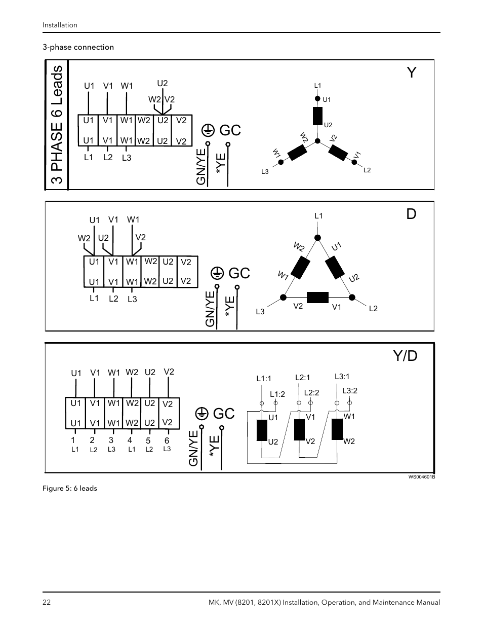 3 phase 6 leads y, Ye gn/ye, Gn/ye | Bell & Gossett MK MV (8201, 8201X) User Manual | Page 24 / 44