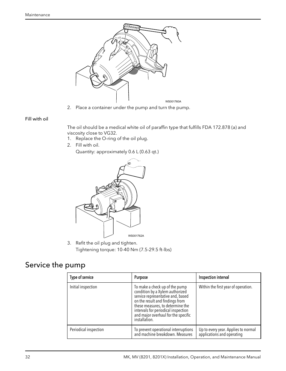 Service the pump, Fill with oil | Bell & Gossett MK MV (8201, 8201X) User Manual | Page 34 / 44