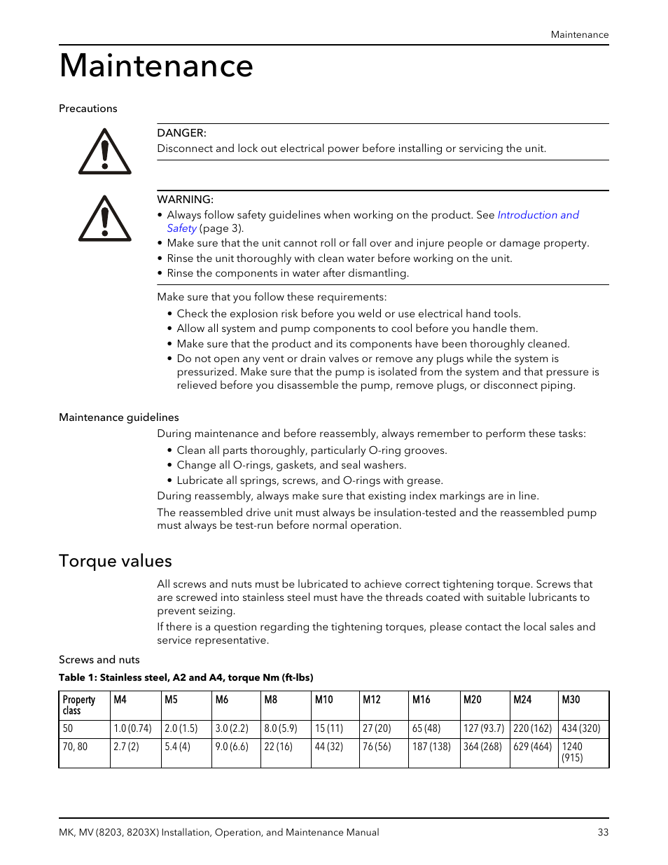 Maintenance, Torque values, Precautions maintenance guidelines torque values | Bell & Gossett MK MV (8203, 8203X) User Manual | Page 35 / 54