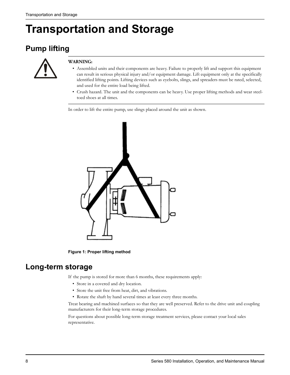 Transportation and storage, Pump lifting, Long-term storage | Ransportation and storage, Pump lifting long-term storage | Bell & Gossett P2000452 Series 580 User Manual | Page 10 / 24