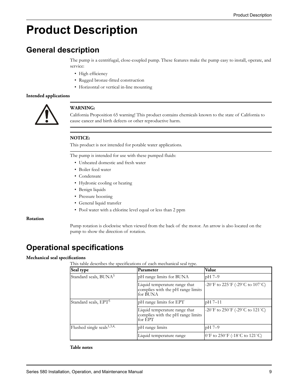 Product description, General description, Operational specifications | Oduct description, General description operational specifications | Bell & Gossett P2000452 Series 580 User Manual | Page 11 / 24