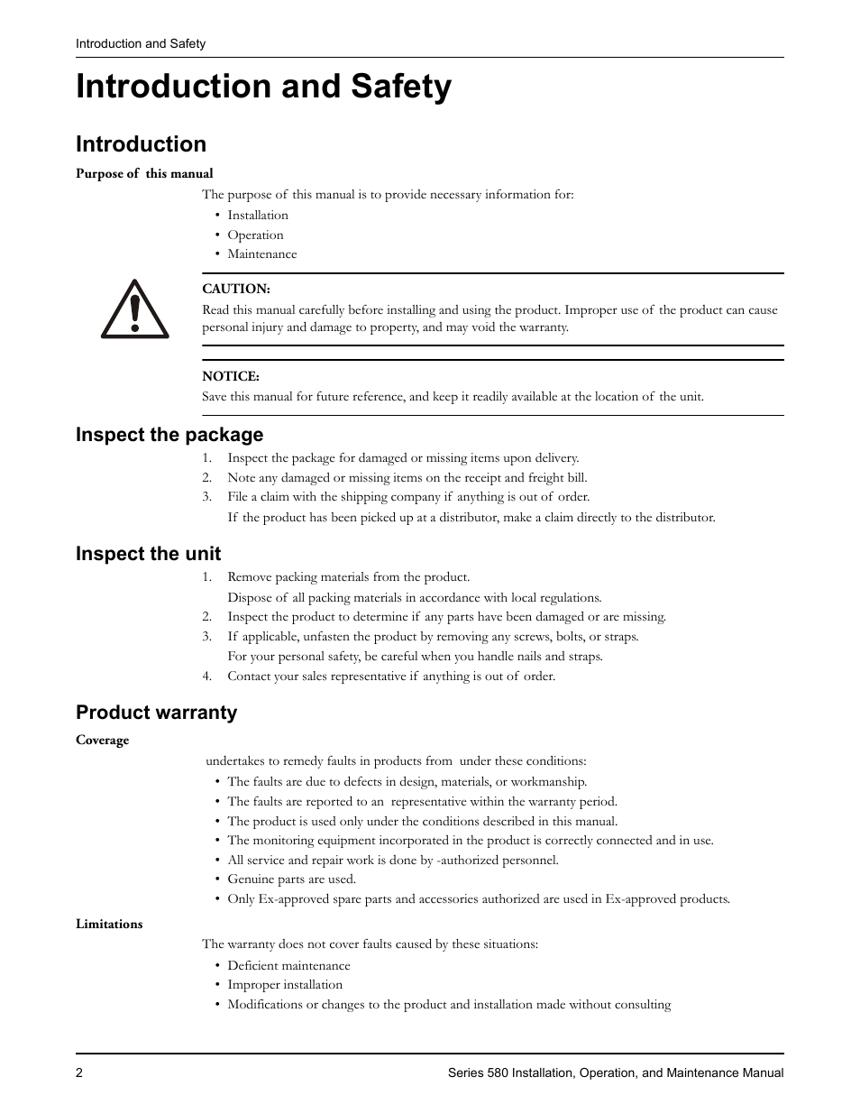 Introduction and safety, Introduction, Inspect the package | Inspect the unit, Product warranty | Bell & Gossett P2000452 Series 580 User Manual | Page 4 / 24