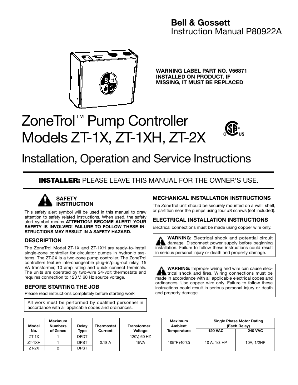 Bell & Gossett P80922A Zone Trol Pump Controller ZT-2X User Manual | 4 pages