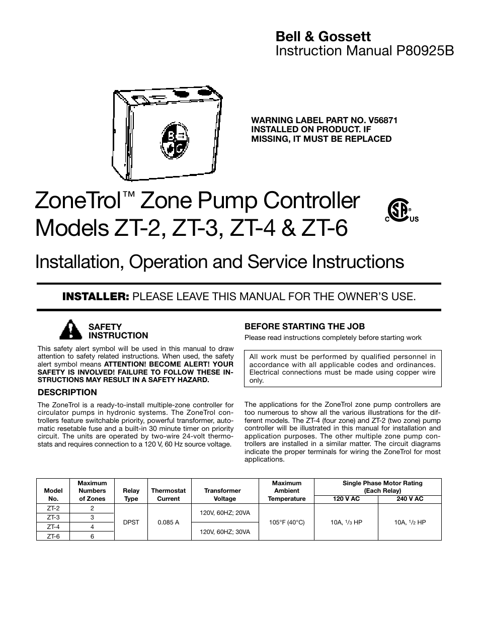 Bell & Gossett P80925B Zone Trol Zone Pump Controller ZT-6 User Manual | 6 pages