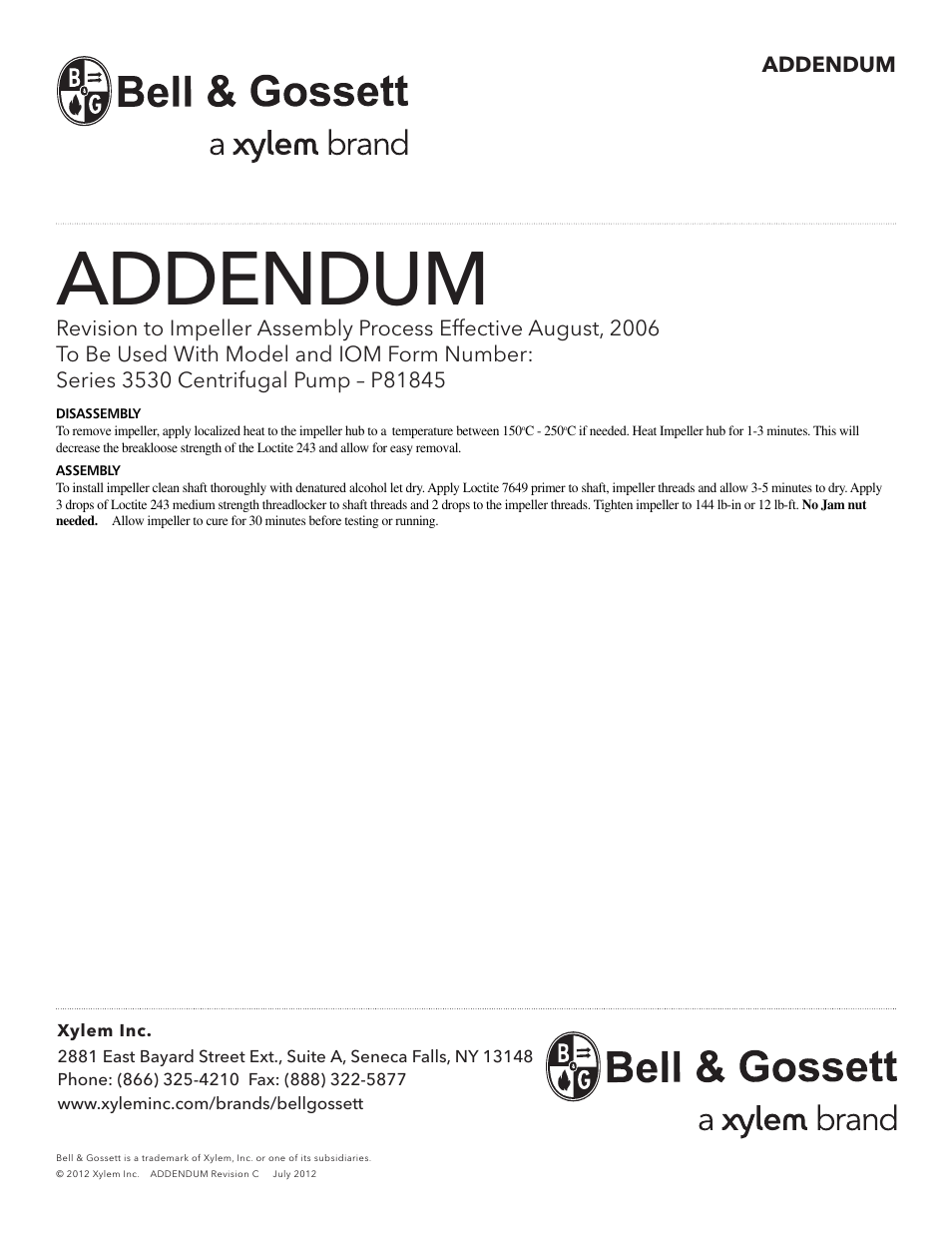 Bell & Gossett Series 3530 Centrifugal Pump – P81845 (ADDENDUM) User Manual | 1 page