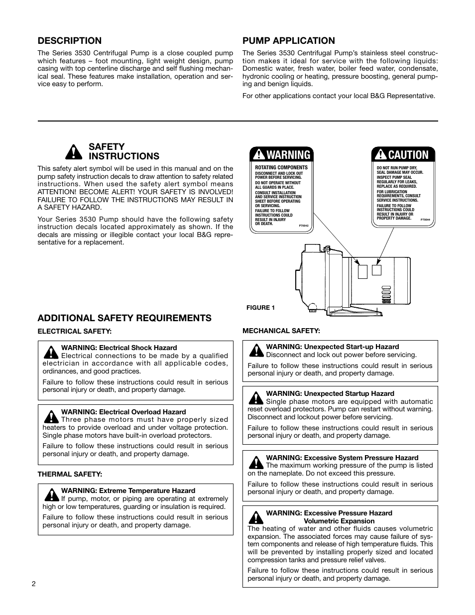 Warning, Caution, Description | Pump application, Safety instructions, Additional safety requirements | Bell & Gossett P81845B Series 3530 Centrifugal Pumps User Manual | Page 2 / 6