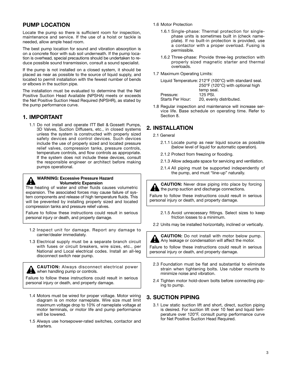 Pump location, Important, Installation | Suction piping | Bell & Gossett P81845B Series 3530 Centrifugal Pumps User Manual | Page 3 / 6