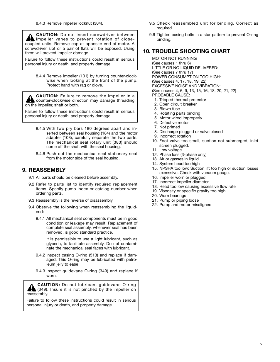 Reassembly, Trouble shooting chart | Bell & Gossett P81845B Series 3530 Centrifugal Pumps User Manual | Page 5 / 6