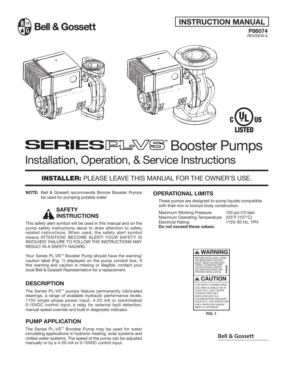 Bell & Gossett P86074A Booster Pumps User Manual | 6 pages