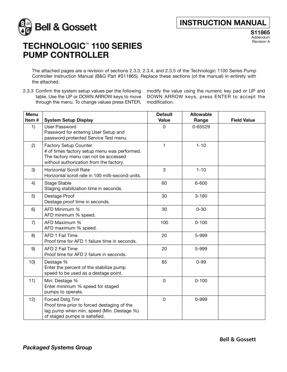 Bell & Gossett S11865A TECHNOLOGIC 1100 SERIES PUMP CONTROLLER User Manual | 4 pages