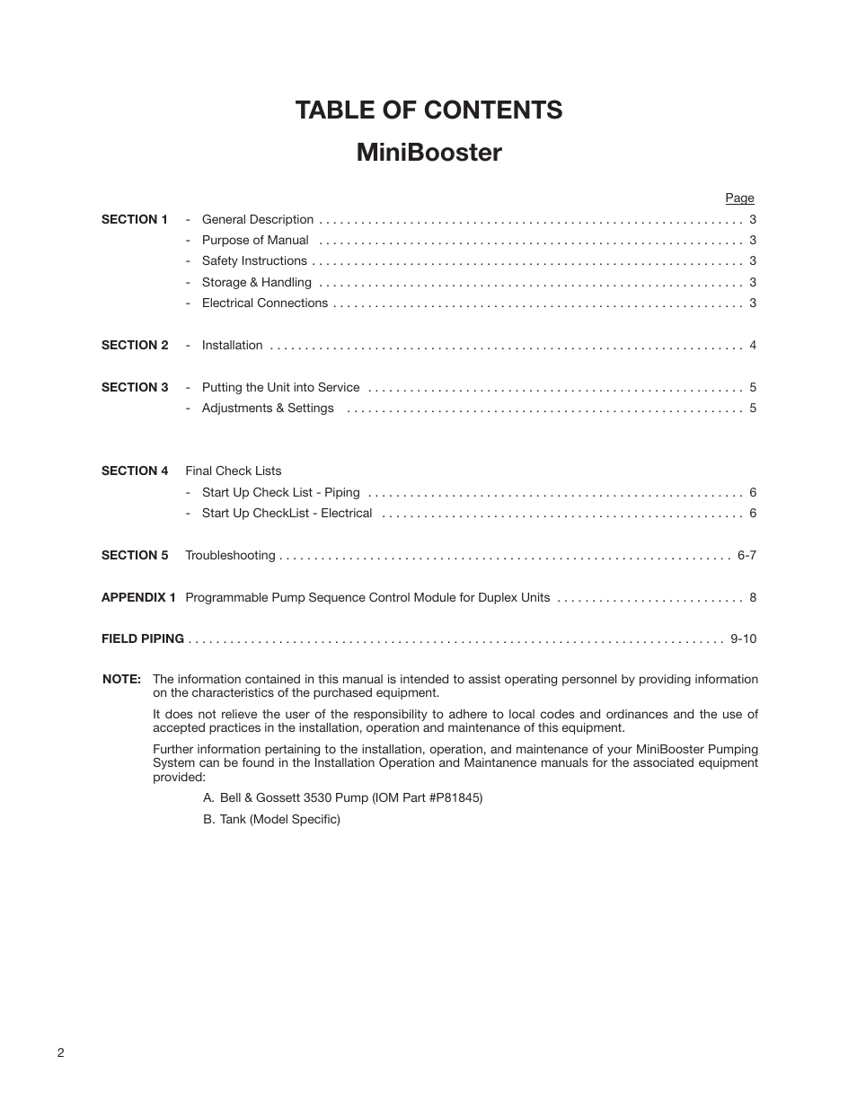 Table of contents minibooster | Bell & Gossett S13213A MiniBooster Pumping Package User Manual | Page 2 / 10