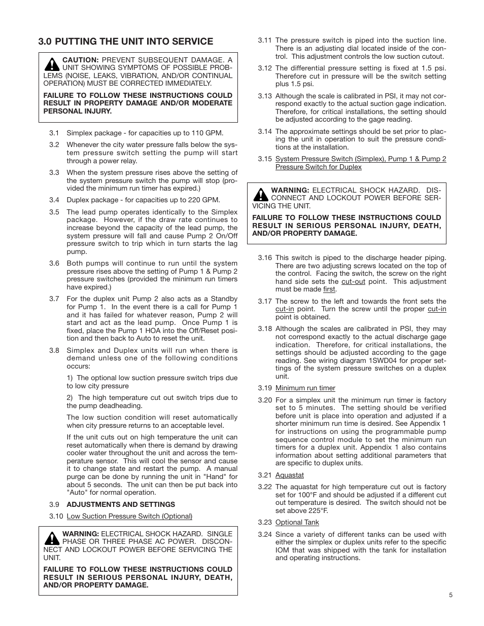 0 putting the unit into service | Bell & Gossett S13213A MiniBooster Pumping Package User Manual | Page 5 / 10