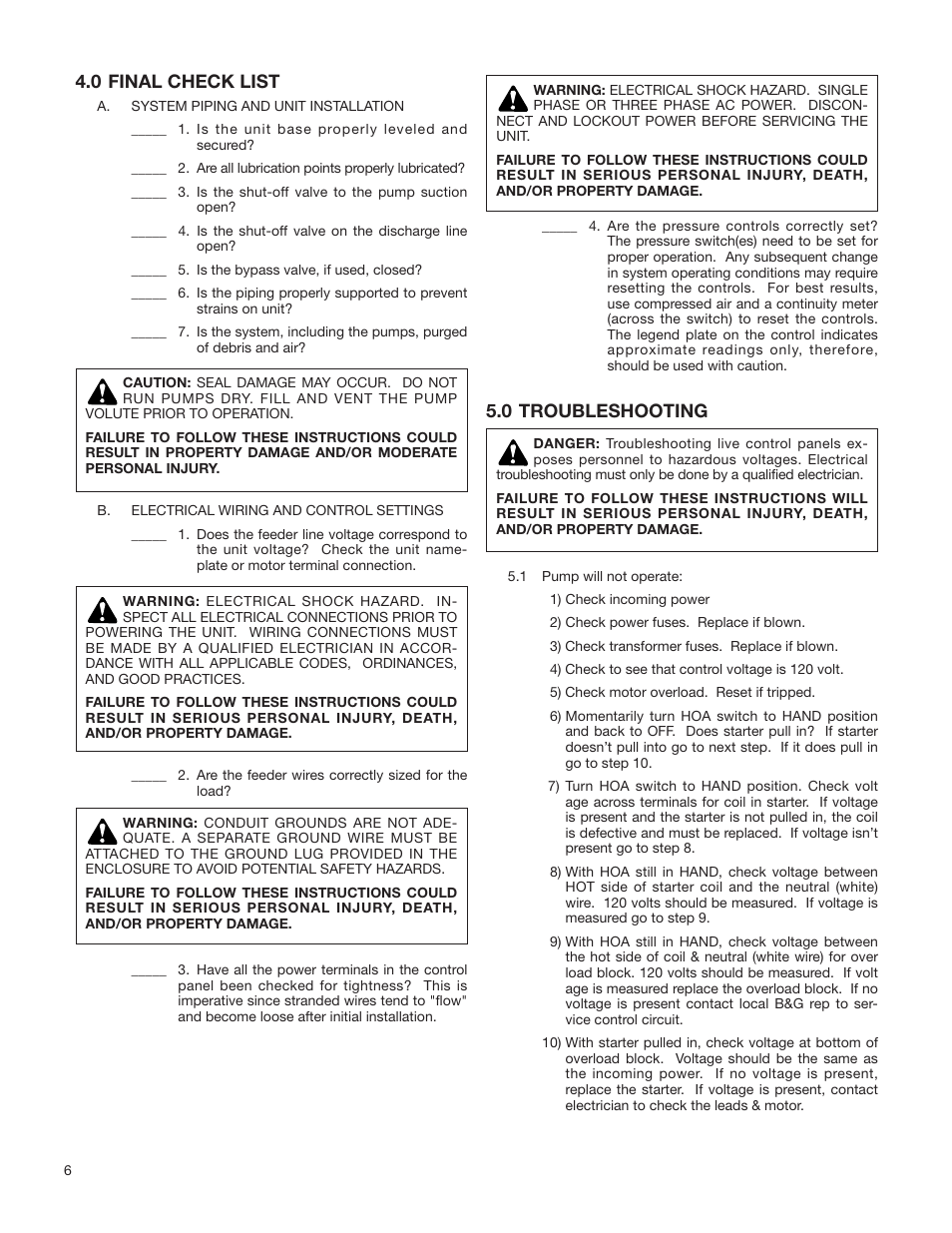 0 final check list, 0 troubleshooting | Bell & Gossett S13213A MiniBooster Pumping Package User Manual | Page 6 / 10