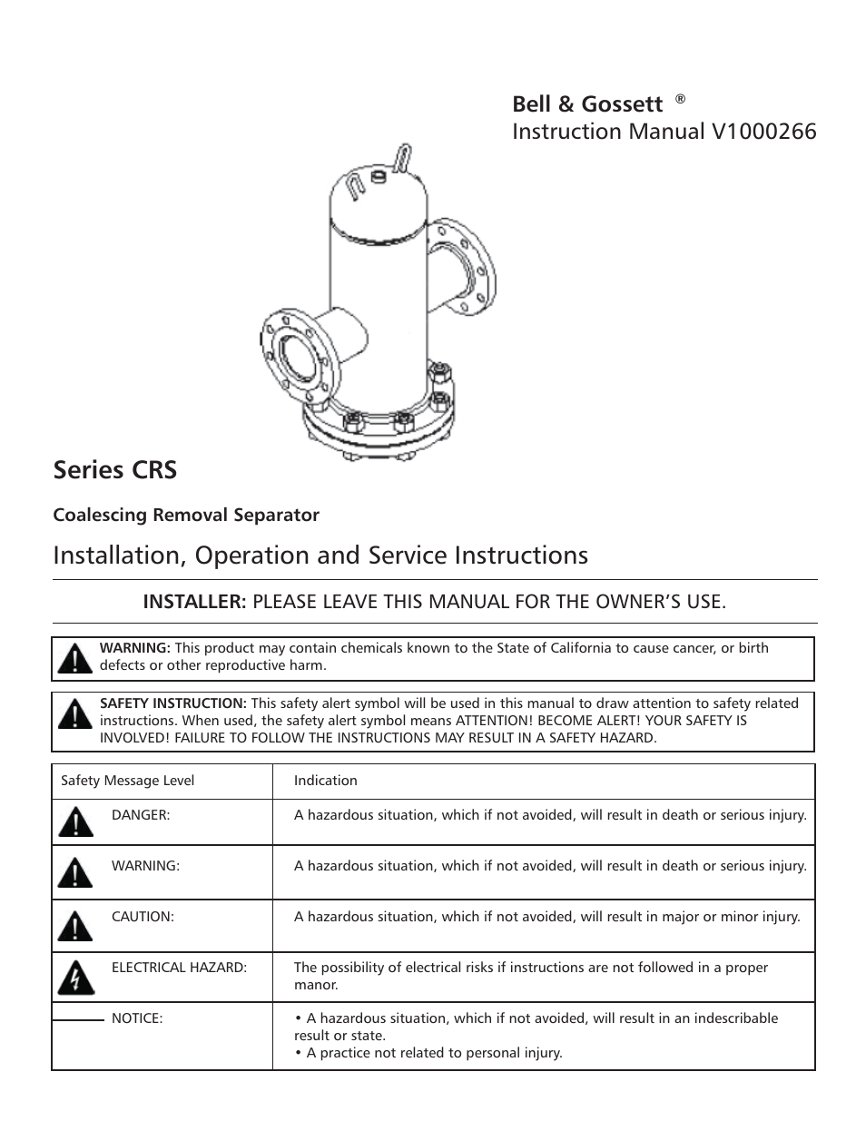 Bell & Gossett V1000266 Series CRS Coalescing Removal Separator User Manual | 8 pages