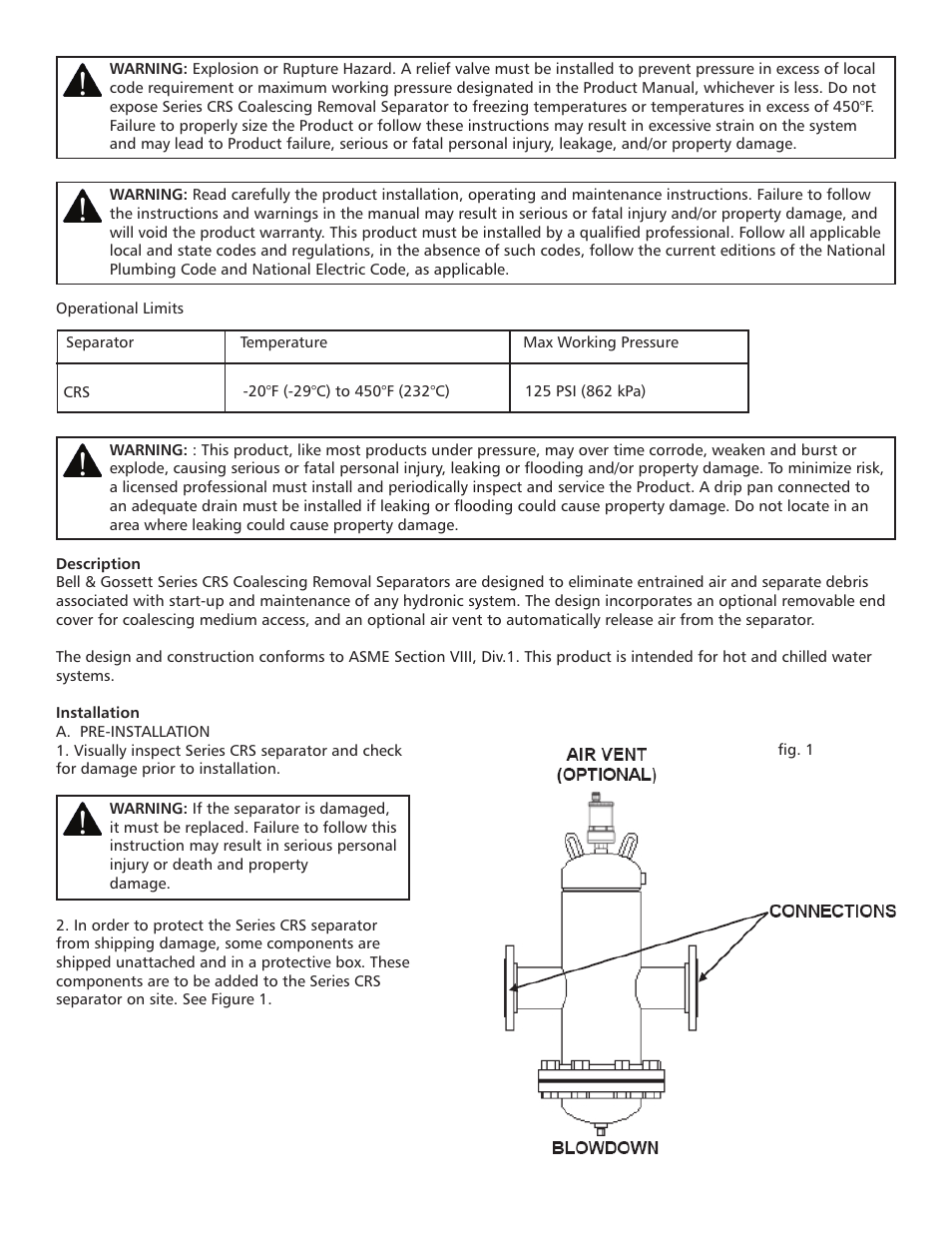 Bell & Gossett V1000266 Series CRS Coalescing Removal Separator User Manual | Page 2 / 8