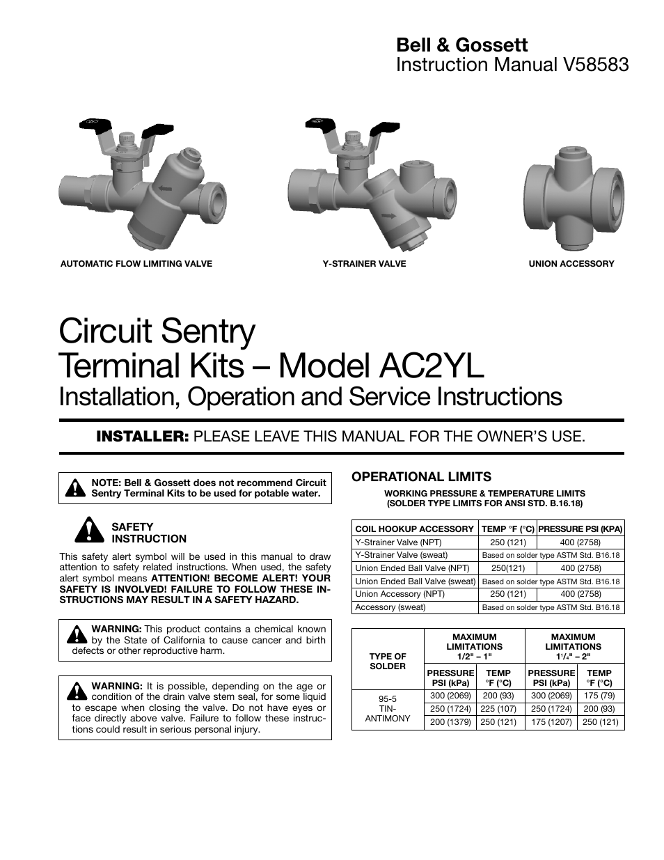 Bell & Gossett V58583 Circuit Sentry Terminal Kits – AC2YL User Manual | 4 pages