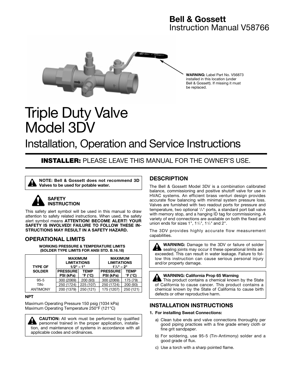 Bell & Gossett V58766 Triple Duty Valve Model 3DV User Manual | 2 pages