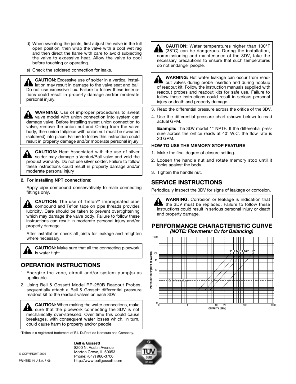Operation instructions, Service instructions, Performance characteristic curve | Bell & Gossett V58766 Triple Duty Valve Model 3DV User Manual | Page 2 / 2