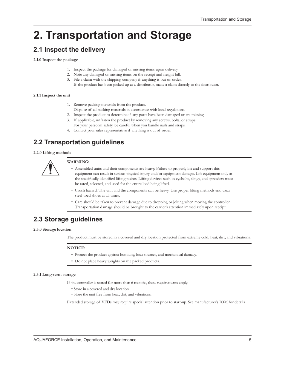 Transportation and storage, 1 inspect the delivery, 2 transportation guidelines | 3 storage guidelines | Xylem 10 001 262R5 AquaForce Pump Controller User Manual | Page 11 / 64
