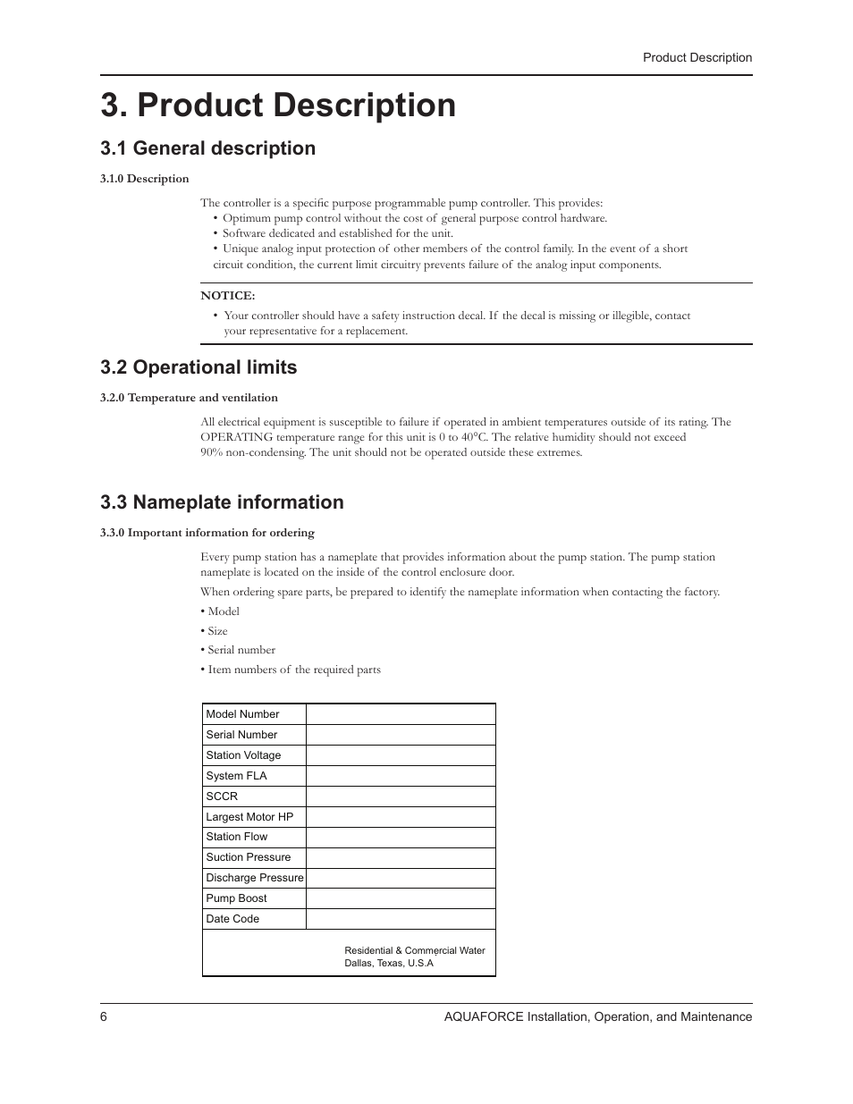 Product description, 1 general description, 2 operational limits | 3 nameplate information | Xylem 10 001 262R5 AquaForce Pump Controller User Manual | Page 12 / 64